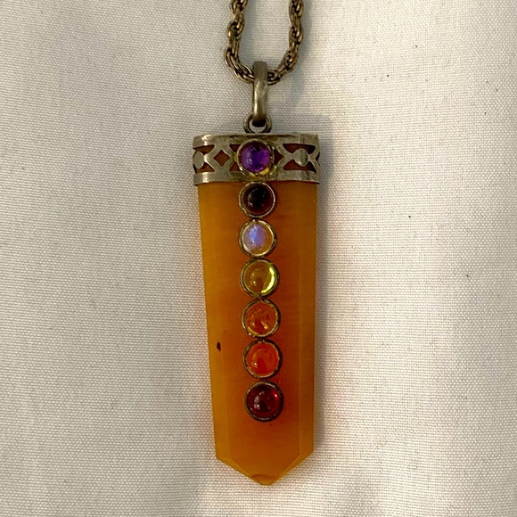 Stone Flat Stick 7 Chakra Beads Pendant with Chain - Picture 1 of 6